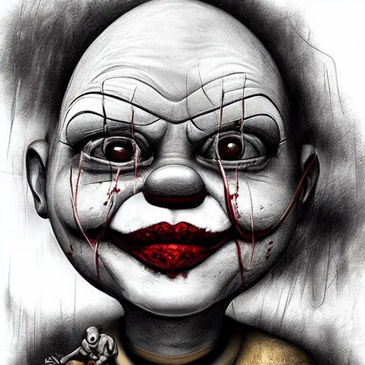 Prompt: surrealism grunge cartoon portrait sketch of the silent patient with a wide smile and a red balloon by - michael karcz, loony toons style, pennywise style, chucky style, horror theme, detailed, elegant, intricate