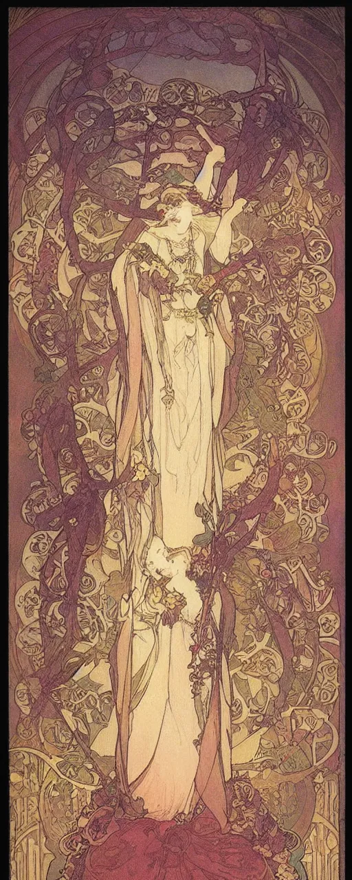 Image similar to the empress, tarot, beautiful border, by alfons maria mucha, highly detailded