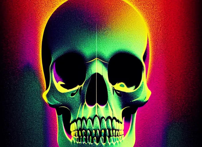 Image similar to portrait of a zombie skull, colorful, modern art deco, mads berg, karolis strautniekas, christopher balaskas, stippled light, fog, moody, fine texture, editorial illustration, dramatic lighting, dynamic composition, detailed, matte print, dynamic perspective, muted color