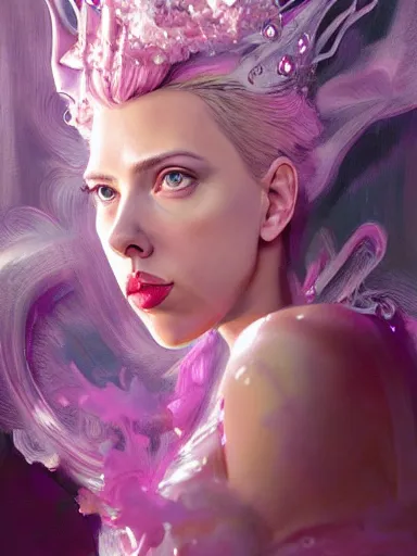 Image similar to pink portrait of beautiful female angel queen Scarlett Johansson head wearing shiny pink crown, subtle purple accents, hyper details, black metal rococo, sculpted by Alex Alice, Craig Mullins, yoji shinkawa, trending on artstation, beautifully lit, Peter mohrbacher, hyper detailed, insane details, intricate, elite, elegant, luxury, ray of light through smoke, CGsociety, hypermaximalist, golden ratio, volumetric, octane render, weta digital, micro details, 3d sculpture