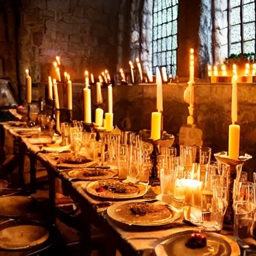 Image similar to feast for hundreds of people. candles, warm ambient light, hogwarts, beautiful, stone walls, hot food, delicious, steaming food on plates, gluttony, digital art, epic. candlelight, firelight, happiness and joy, ghosts flying around, harry potter students, warmth
