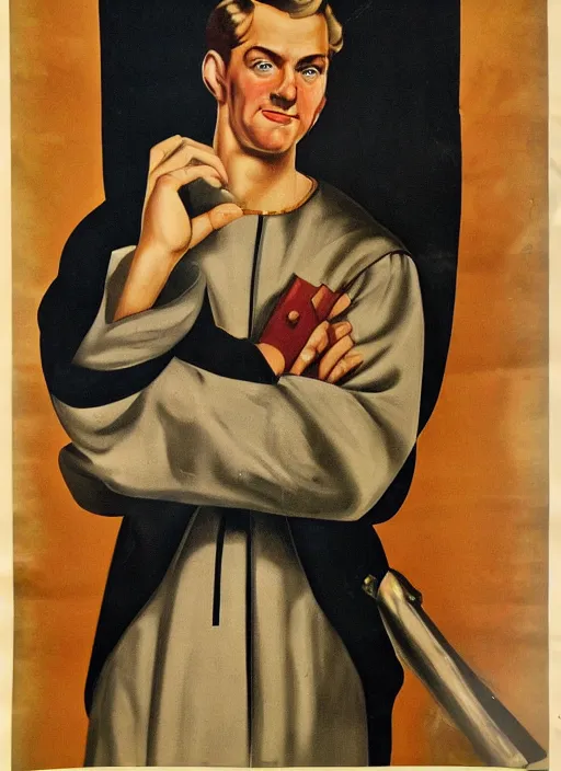 Image similar to portrait of glamorous medieval man with annoyed gesture, 1940s propaganda poster, full hd,highly detailed