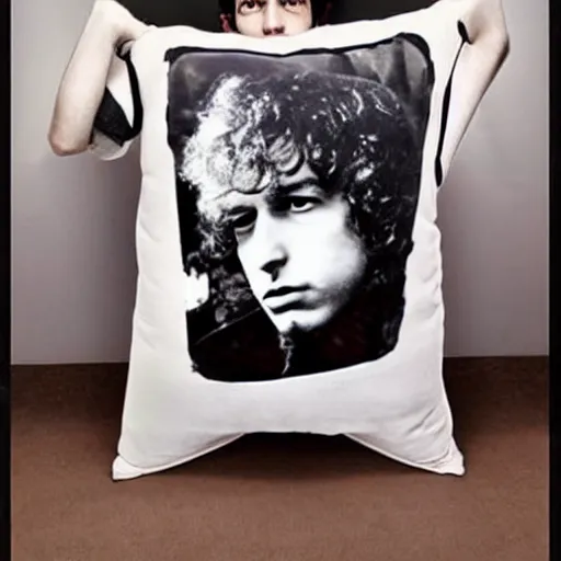 Image similar to young bob dylan with an anime waifu pillow.