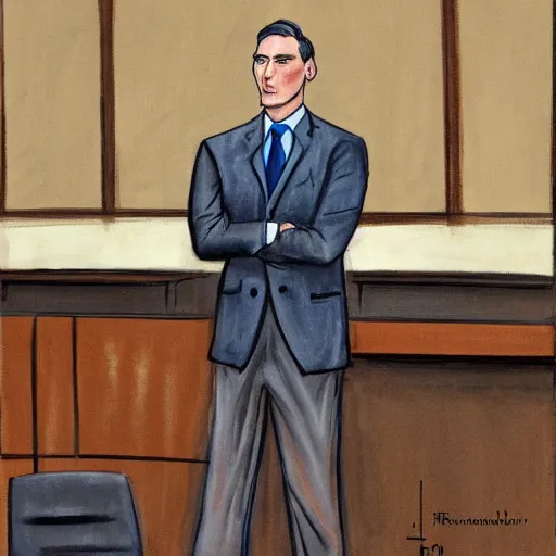 Prompt: jerma 9 8 5, still image of jerma 9 8 5 on trial, courtroom photo, courtroom interior background, detailed face