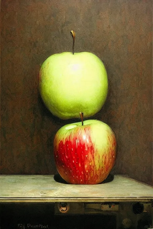 Prompt: A giant apple floating in an abandoned room, detailed art by Phil hale and Ilya repin