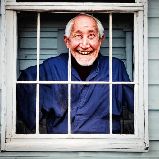 Image similar to an unseen smiling old man seen through a window