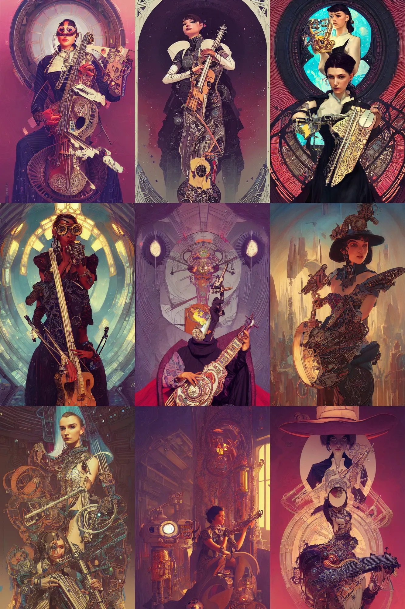 Prompt: portrait of cyberpunk art deco moomins playing mariachi, sci-fi, fantasy, intricate, elegant, highly detailed, digital painting, artstation, smooth, sharp focus, illustration, art by artgerm and greg rutkowski and alphonse mucha