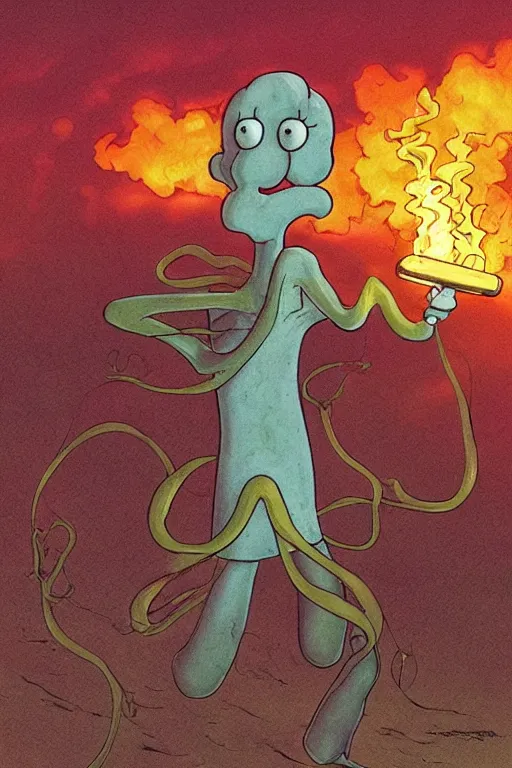 Image similar to squidward firebending outside at susnset, art by moebius, ultra detailed