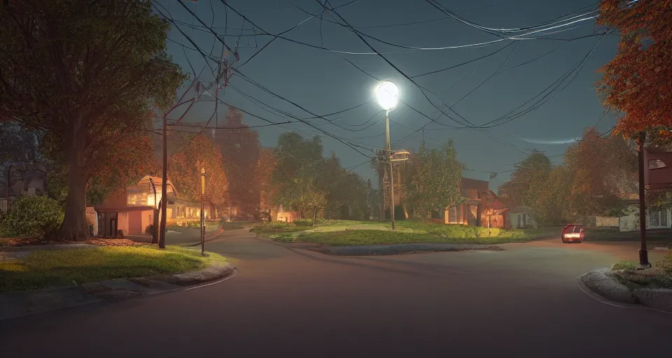 Prompt: a quaint suburban street at night, realistic rendering, unreal engine, 4k, hdr, high dynamic range, f12, by simon stalenhag