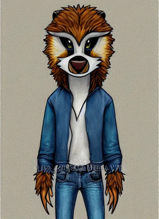 Image similar to expressive stylized master furry artist digital colored pencil painting full body portrait character study of the otter ( sergal ) small head fursona animal person wearing clothes jacket and jeans by master furry artist blotch