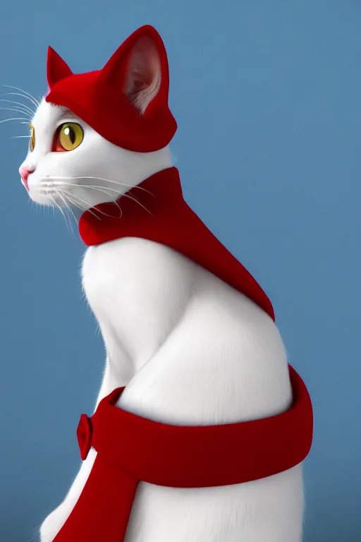 Image similar to a white cat with blue eyes wearing a red formal overcoat, hyperrealistic, concept art, octane render, unreal engine 5, realistic and defined face, profile picture, digital art, pixar and disney style, symmetrical, high quality, highly detailed, high coherence, path traced, house background, low contrast, beautiful