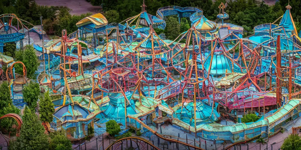 Image similar to Aerial Photo of nostalgic abandoned amusement park, photo realistic, isometric, tilt shift, bokeh, award winning, trending, 8k, HD