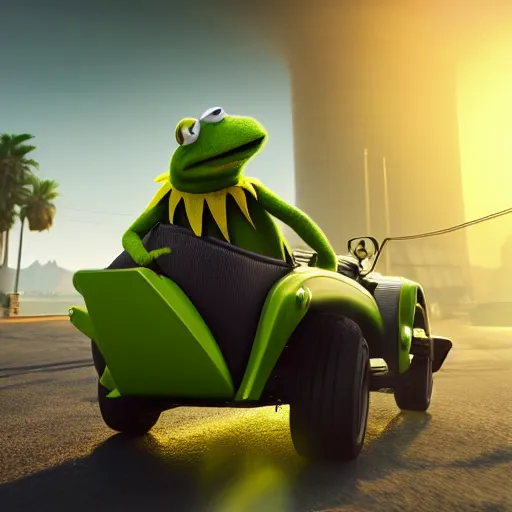 Prompt: kermit driving a car, wlop, islamic city, cinematic lighting, hyperdetailed, 8 k realistic, symmetrical, global illumination, radiant light,, frostbite 3 engine, cryengine, dof, trending on artstation, digital art, chanel