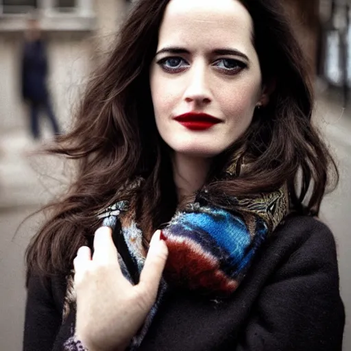 Image similar to closeup portrait of eva green in a winter london street, photograph, natural light, sharp, detailed face, magazine, press, photo, Steve McCurry, David Lazar, Canon, Nikon, focus