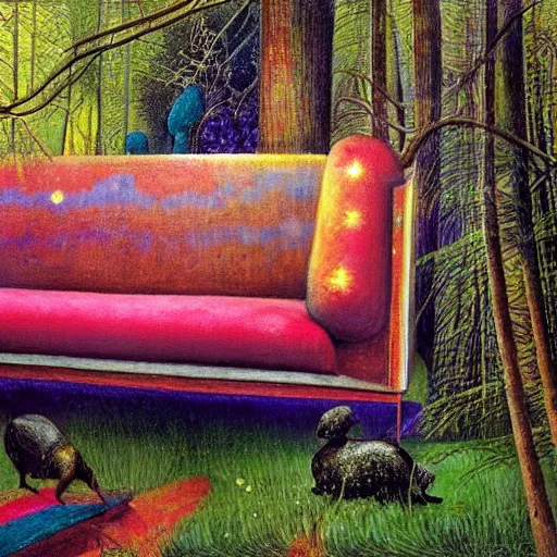 Image similar to psychedelic couch sofa in the lush pine forest, milky way, designed by arnold bocklin, jules bastien - lepage, tarsila do amaral, wayne barlowe and gustave baumann, cheval michael, trending on artstation, star, sharp focus, colorful refracted sparkles and lines, soft light, 8 k 4 k