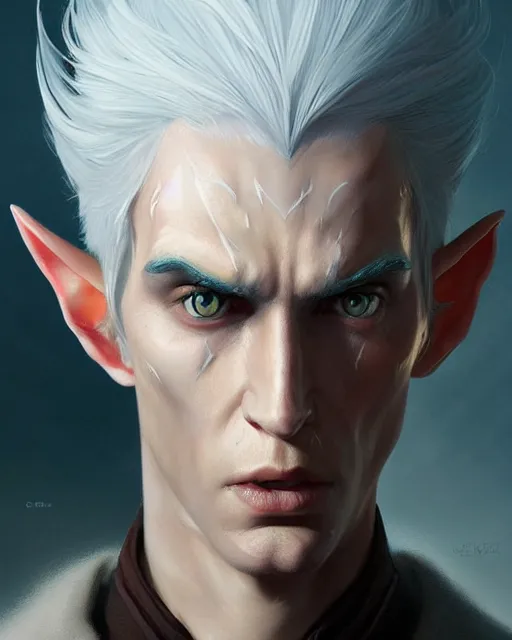 Image similar to character portrait of a slender half elf man with white hair, piercing blue eyes, and pale bluish skin, by greg rutkowski, mark brookes, jim burns, tom bagshaw, trending on artstation