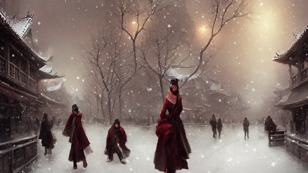 Image similar to winter in Peking ,by Charlie Bowater, by Greg Rutkowski