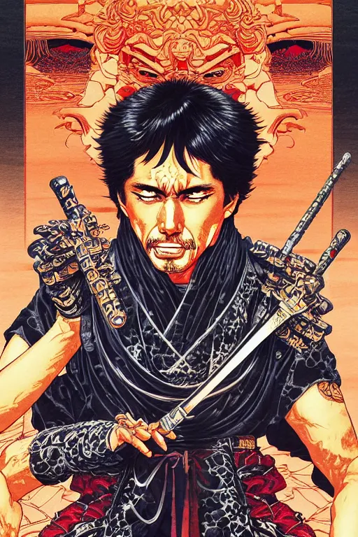 Prompt: poster of tony montana as a samurai, by yoichi hatakenaka, masamune shirow, josan gonzales and dan mumford, ayami kojima, takato yamamoto, barclay shaw, karol bak, yukito kishiro