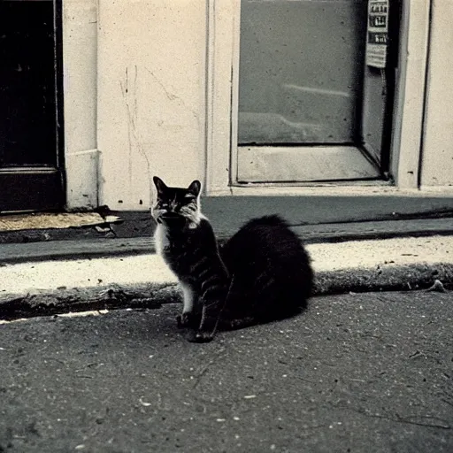 Image similar to wide-shot low-angle cat's eyesight photo of stray cat and a banana peel at the street in New York, polaroid photo, by Andy Warhol, signed