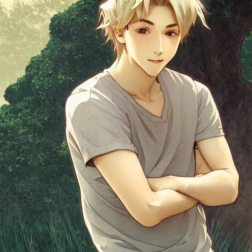 Image similar to young man with short, ash blond greyish hair, light brown eyes, casual clothes, relaxing, happy, path traced, highly detailed, high quality, digital painting, by studio ghibli and alphonse mucha, beautiful details, soft and cosy