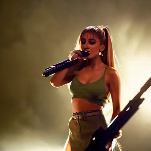 Image similar to Areana Grande with an AK47, cinematic, 4k, HD, dramatic lighting, dynamic camera placement