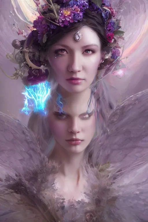 Image similar to face closeup of extremely beautiful girl necromancer, magical fairy flowers and ice velvet, diamonds, angels, 3 d render, hyper - realistic detailed portrait, holding fire and electricity rainbow, ruan jia, wlop. scifi, fantasy, magic the gathering, hyper detailed, octane render, concept art, peter mohrbacher