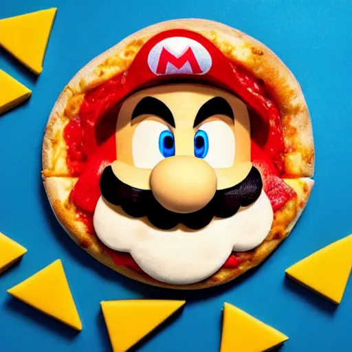 Prompt: a photo of super mario made of cheese in a pizza, food photo, professional food photo, iphone, 4 k