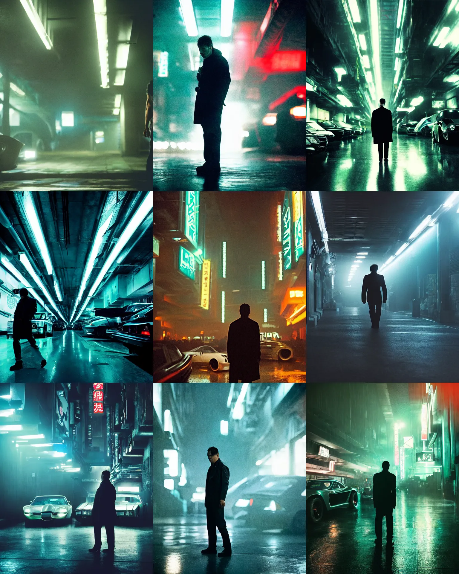 Prompt: blade runner movie still of a silhouetted yakuza in an underground parking lot with many exotic cars, rack focus, close establishing shot, monochromatic teal, dark teal lighting, soft dramatic lighting, 4 k digital camera