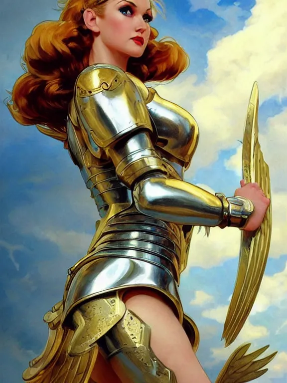 Prompt: pin - up poster of a valkyrie, skintight heavy armor, wings, heroic, celestial - themed, white skin, arm down, golden hair, golden eyes, shapely derriere, dnd, highly detailed, two arms, detailed face, smooth, sharp focus, pastel painting, by artgerm and greg rutkowski and alphonse mucha