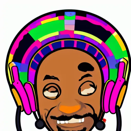 Image similar to svg sticker of a Dancing-Ben-Harper-Snoop-Spike-Lee-with-a-large-Afro-Puff, at a rave, spinning records, giant headphones rocking out, wearing headphones, huge speakers, dancing, rave, DJ, spinning records, digital art, amazing composition, rule-of-thirds, award-winning, trending on artstation, featured on deviantart