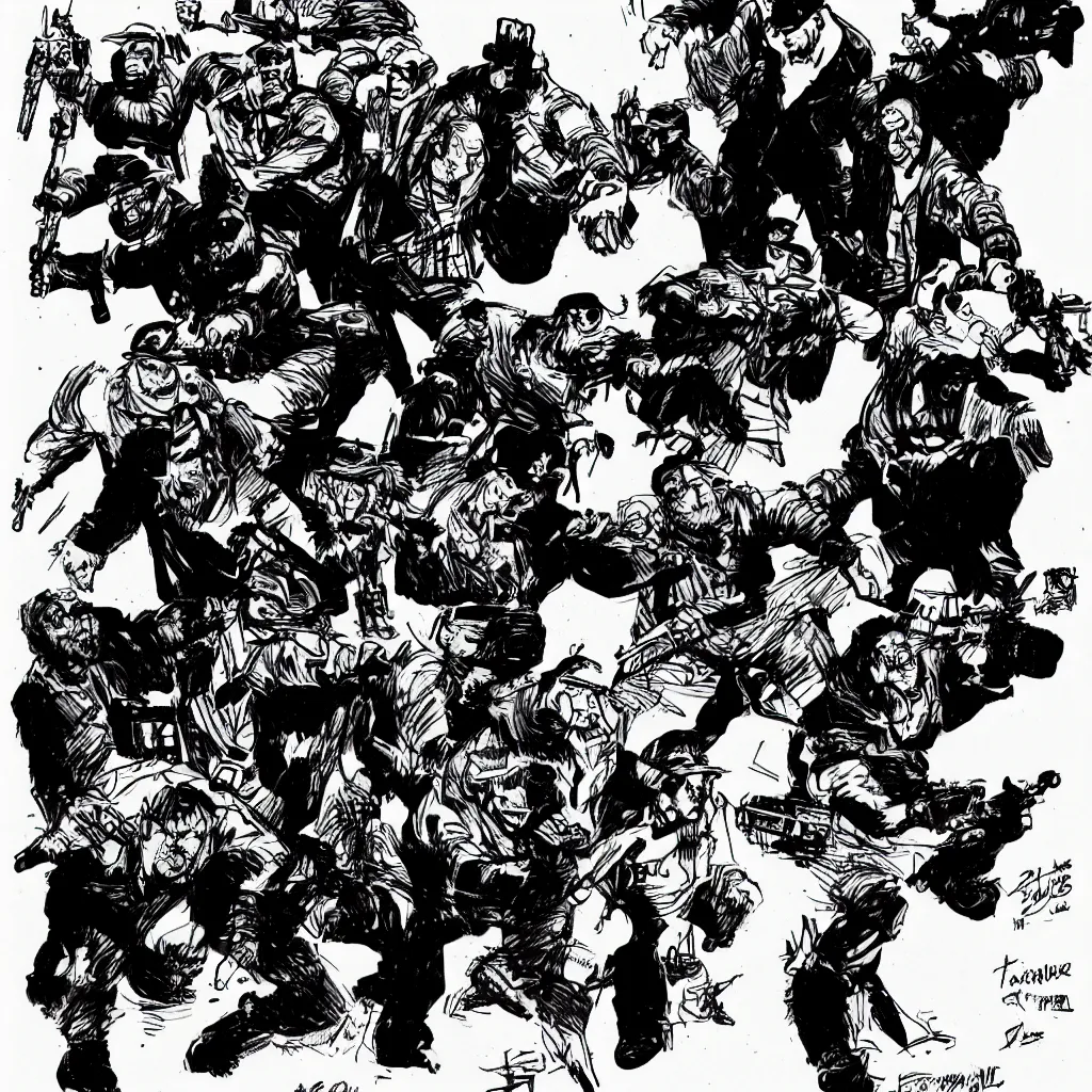 Image similar to style of frank miller, of a group of werebears robbing a bank