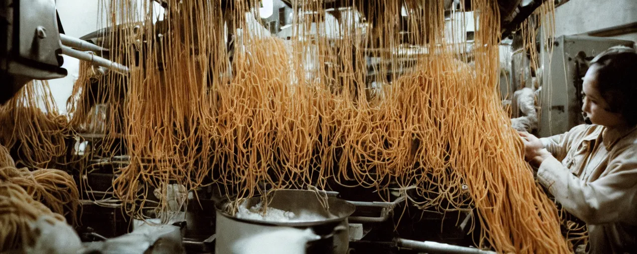 Prompt: a factory where people are processing fresh spaghetti from the tree, canon 5 0 mm, cinematic lighting, photography, retro, film, kodachrome, closeup