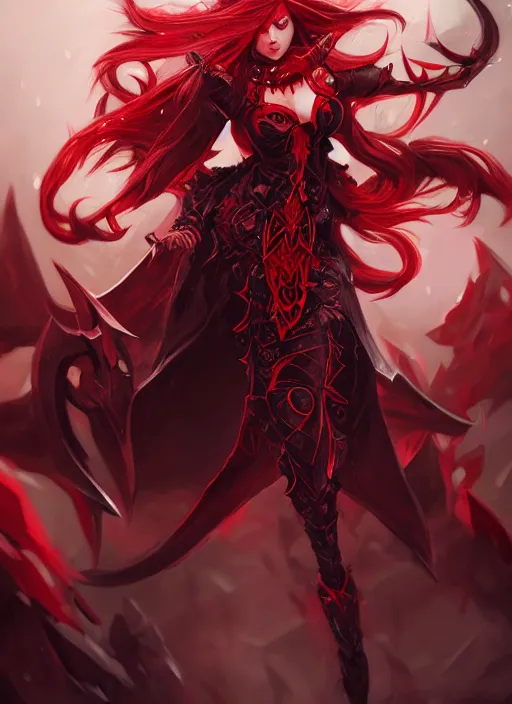 Prompt: a highly detailed illustration of fierce beautiful long white haired horned demon woman wearing red and black battle dress, dramatic power pose, perfect face, perfect body, intricate, elegant, highly detailed, centered, digital painting, artstation, concept art, smooth, sharp focus, league of legends concept art, wlop.