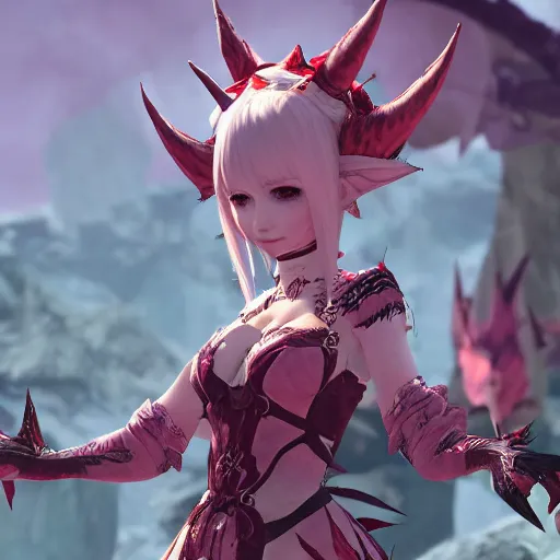 Prompt: A cute woman with horns, patches of scales, and a spiked tail, Au Ra, Final Fantasy XIV, pink clothing, ingame screenshot, friendly