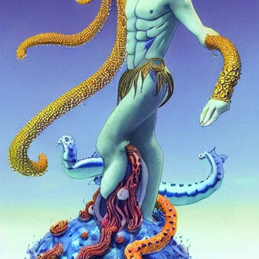 Prompt: concept designs for a blue merman that is ethereal and wears arm length golden gloves, he has a single serpent tail, and his clothes are inspired by a golden peacock and he is covered in coral and barnacles, art by yuji ikehata and satoshi kon and miyazaki ghibli, anime