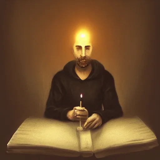 Prompt: A man sitting in a dark and gloomy room, writing in a journal, the only source of light is a light from a flickering candle wick on the desk, in a gothic and atmosphere style, artstation digital art, trending on artstation, artstationHQ, artstationHD.