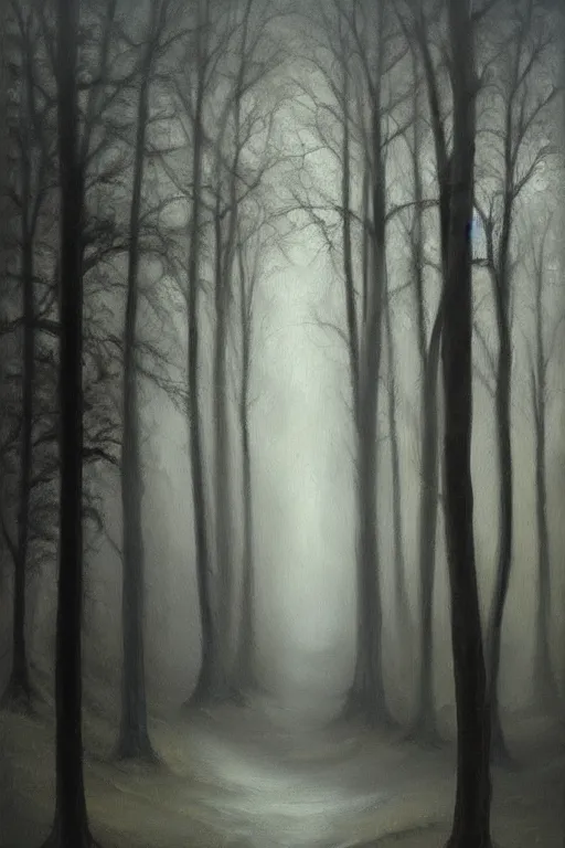 Prompt: dark and spooky woods. atmospheric, foggy, oil painting on canvas. fairytale
