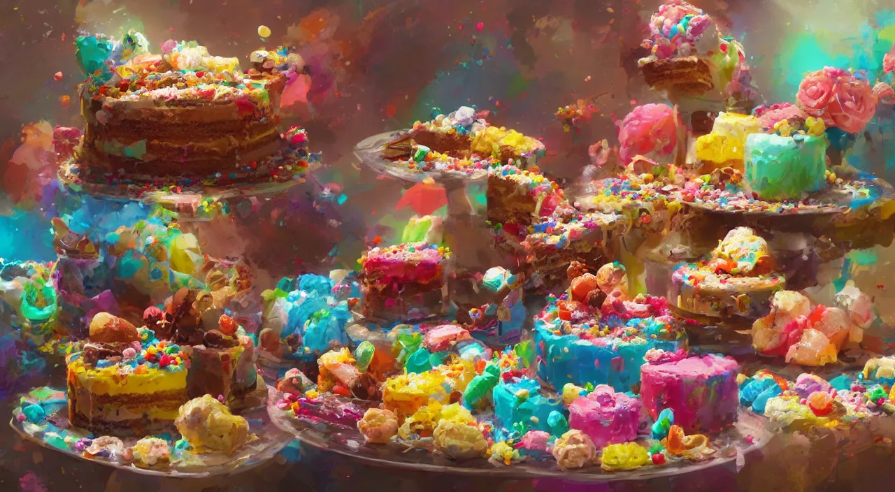 Prompt: a colorful digital painting of a cake with lots of sweets on it, by greg rutkowski and james gurney, trending on artstation