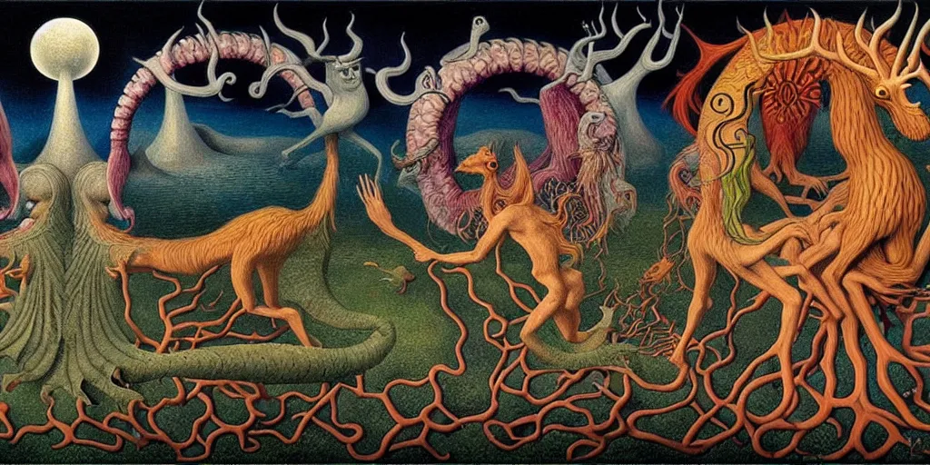 Image similar to mythical creatures and monsters in the visceral heart imaginal realm of the collective unconscious, in a dark surreal painting by johfra, mc escher and ronny khalil