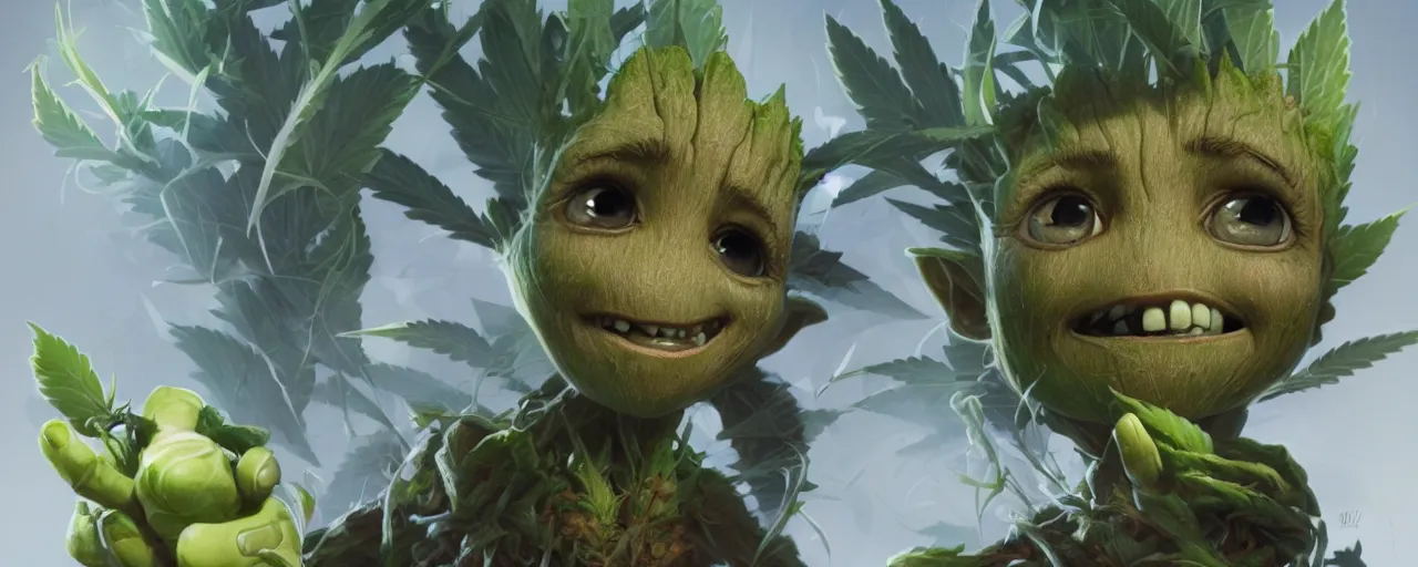 Image similar to portrait smiling round cute face cannabis, big eyes, marijuana!, baby groot, realistic shaded perfect face, cinematic volumentric lighting, jim cheung, david marquez, mike deodato jr, behance hd by jesper ejsing, by rhads, hyper detailed, octane render, concept art, artstation