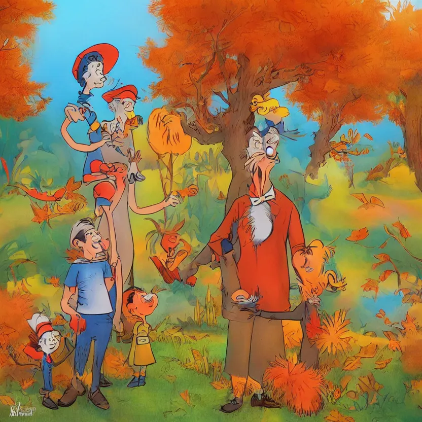 Prompt: last saturday I took my mommy and my daddy to the zoo, by Dr. Seuss and Don Freeman, illustration, warm colors, autumn, artstation