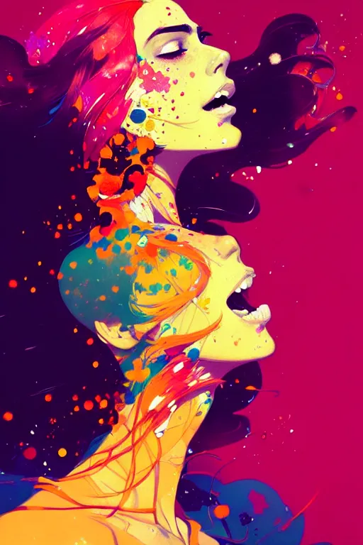 Image similar to a ultradetailed beautiful panting of a woman with a colorful explosion coming out of her neck, by conrad roset, greg rutkowski and makoto shinkai, trending on artstation