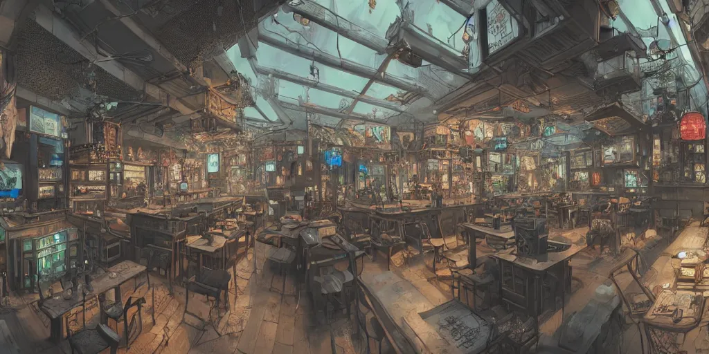 Image similar to Highly detailed realistic interior design in style of Hiromasa Ogura and Josan Gonzalez of detailed cyberpunk tavern with minimalism stone walls and neon lights, a lot of electronics and people, many details. Natural white sunlight from the transperient roof. Panorama on 360 degrees Rendered in 32K in VRAY and DaVinci Resolve and MAXWELL and LUMION 3D, Volumetric natural light