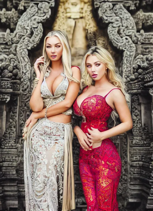 Image similar to portrait of lindsey pelas and scarlet johansson wearing kebaya in bali temple, by charlotte grimm, natural light, detailed face, beautiful features, symmetrical, canon eos c 3 0 0, ƒ 1. 8, 3 5 mm, 8 k, medium - format print, half body shot