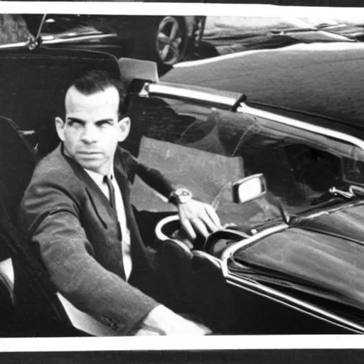 Prompt: photograph of lee harvey oswald riding in a cabrio in dallas in 1963