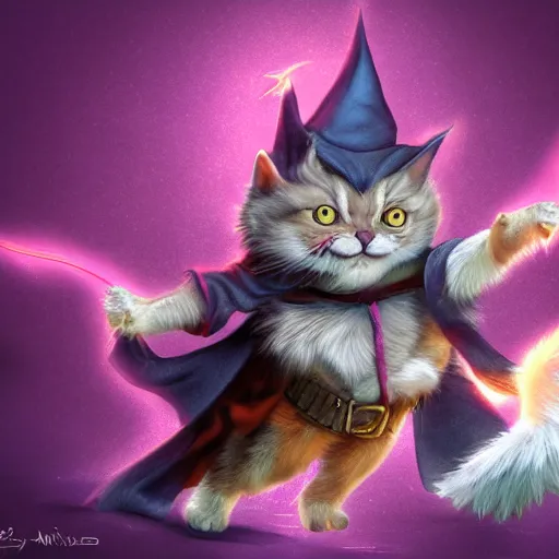 Image similar to a wizard is laughing at a small cat, dynamic pose, chromatic aberration , medium level shot, fantasy, illustration, concept art,