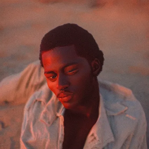 Image similar to photo portrait of a chocolate prince melting in the desert sun, 2 0 0 mm lens, shot on grainy film, photography, hyperrealism, bokeh