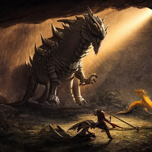 Image similar to photo of an armored knight confronting a large red scaly dragon sleeping on a mountain of human bones in a dark dusty cave with a ray of light shining on it\'s face. The knight is very small in comparison to the dragon. The cave is full with sparkling gemstones and gold. Very detailed 8k. fantasy