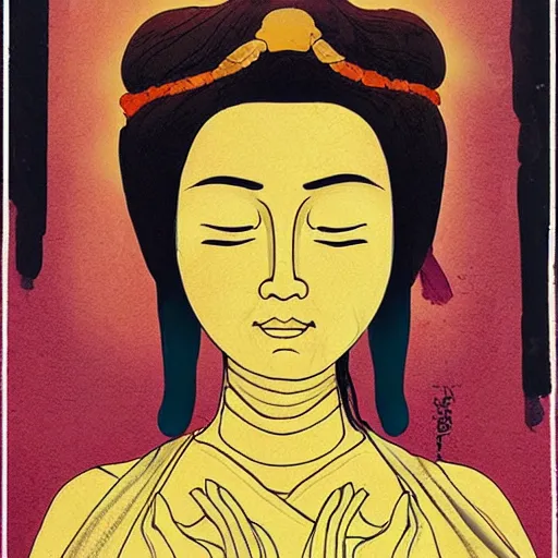 Image similar to contented female bodhisattva, praying meditating, portrait by Conrad Roset