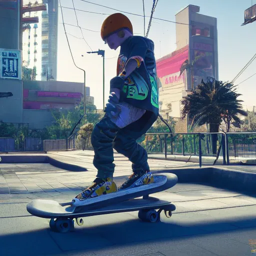 Prompt: (Bart Simpson) skateboarding at a playground in Night City Cyberpunk 2077, muted cyberpunk style, tranquil, desolate, atmospheric, hazy, sweltering, autochrome, 8k, reflections, octane render, unreal engine 5
